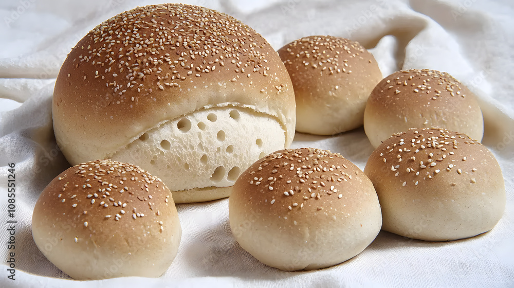 Freshly baked sesame bread rolls on fabric. Freshly baked sesame bread rolls on fabric.
