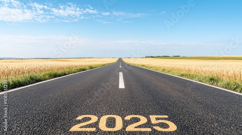 Wallpaper Mural A long, empty road stretches into the distance, marked with the year "2025," flanked by golden fields under a clear blue sky. Torontodigital.ca