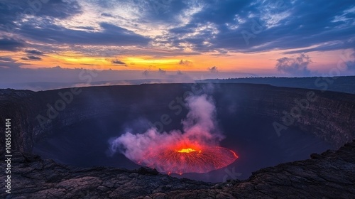 Majestic Volcanic Eruption at Sunrise Showcasing Orange Lava Flow and Dramatic Sky in Early Morning Light Above Crater Rim