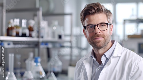 Portrait of male pharmacist standing in drugstore wearing white lab coat. Handsome educated man working in pharmacy. Mature healthcare worker smiling at camera.