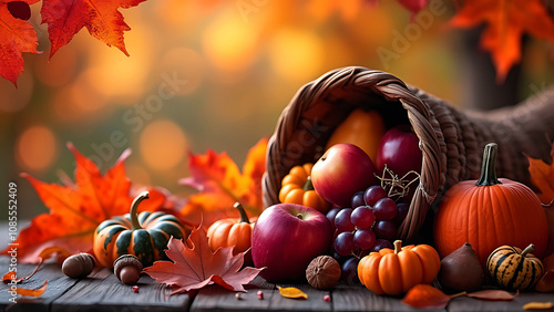 Thanksgiving inviting atmosphere with fall leaves and a wooden table