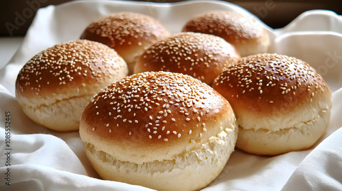 Freshly baked sesame buns on a white cloth.