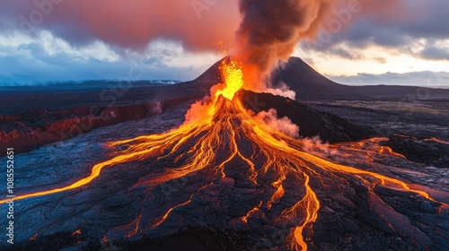 Majestic Eruption of a Volcano at Dusk with Flowing Lava, Dramatic Clouds, and Fiery Glow Illuminating the Surrounding Landscape in an Awe-Inspiring Natural Display