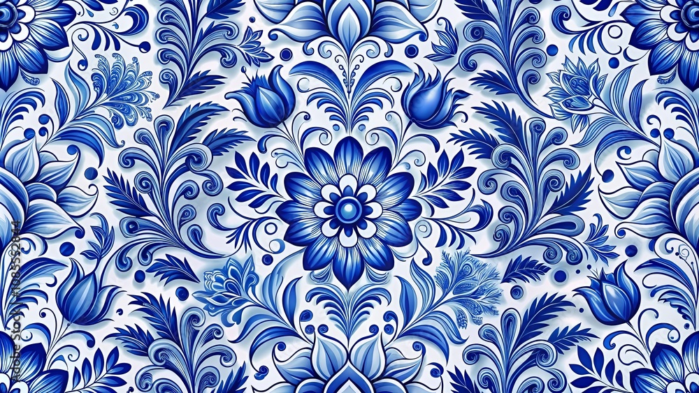 Blue and White Floral Pattern with Intricate Details and a Whimsical Touch