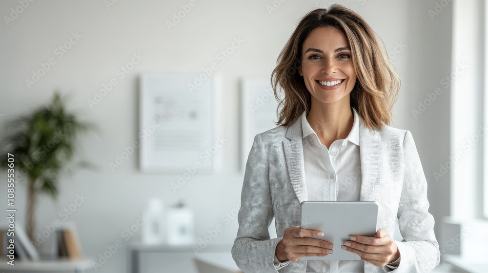 A smiling woman in a stylish outfit holds a tablet, standing in a bright, modern office setting. A smiling woman in a stylish outfit holds a tablet, standing in a bright, modern office setting.