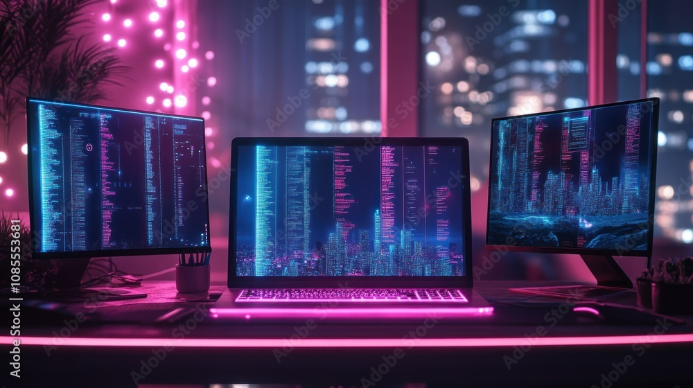Fototapeta premium Futuristic workspace with glowing screens and code.