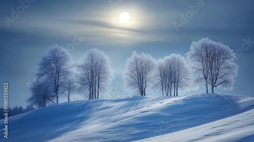 Snow-dusted trees on a gently sloping hill under a bright moon