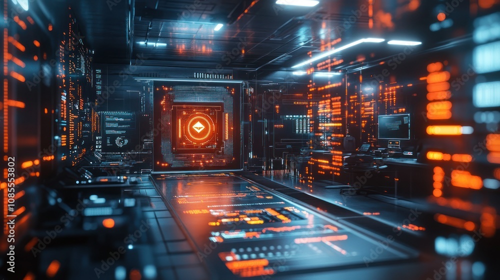 Futuristic digital workspace with glowing interfaces. Futuristic digital workspace with glowing interfaces.