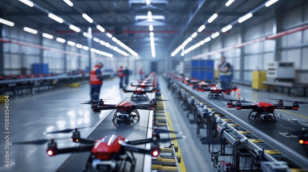 Obraz premium Efficient Drone Maintenance Area in High-Tech Warehouse with Technicians and Conveyor Belt