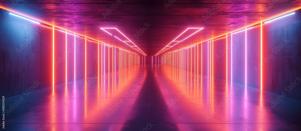 Neon-lit corridor with reflective surfaces. Neon-lit corridor with reflective surfaces.