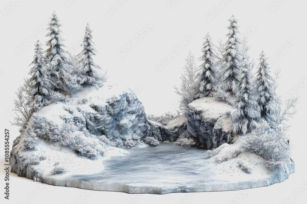 Naklejka premium Scenic Snowy Landscape Illustration Featuring Isolated Trees and a Serene Water Body on a Soft White Background, Perfect for Winter Themes and Artistic Projects