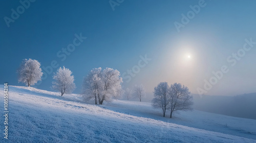 Frost-covered trees stand on a snow-dusted hillside under a bright winter sun