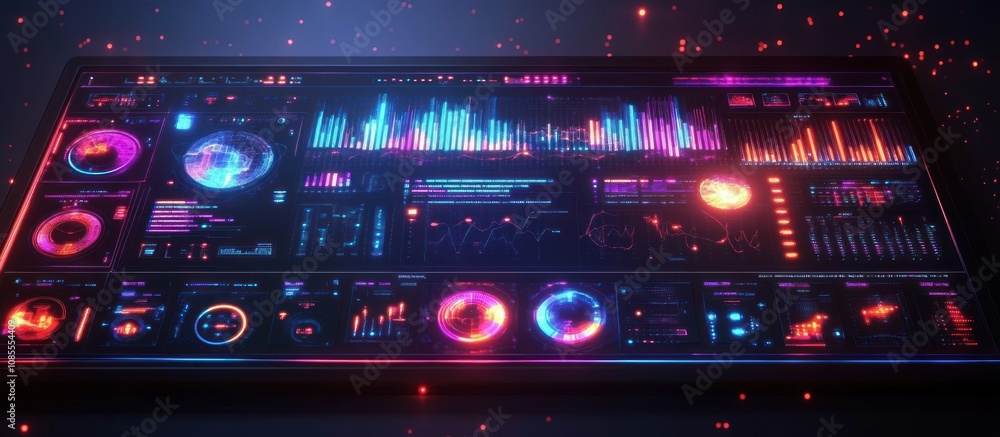 Futuristic data dashboard with vibrant visualizations. Futuristic data dashboard with vibrant visualizations.