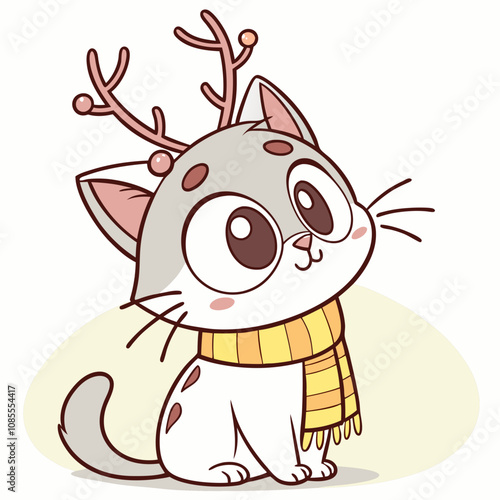 A cute cartoon cat wears a yellow scarf and sports playful reindeer antlers.