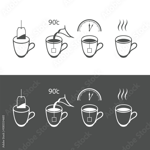 Tea brewing instruction line icons isolated on white background. Tea brew  vector icons