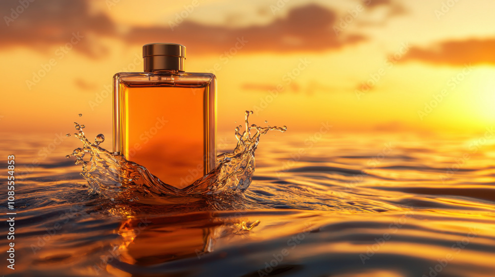 Freshness quality and aroma concept. Luxury perfume bottle in serene water splash at sunset Freshness quality and aroma concept. Luxury perfume bottle in serene water splash at sunset
