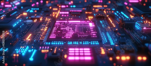 Colorful circuit board with glowing components.