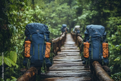 Hiking backpacks on a wooden bridge in a lush forest.