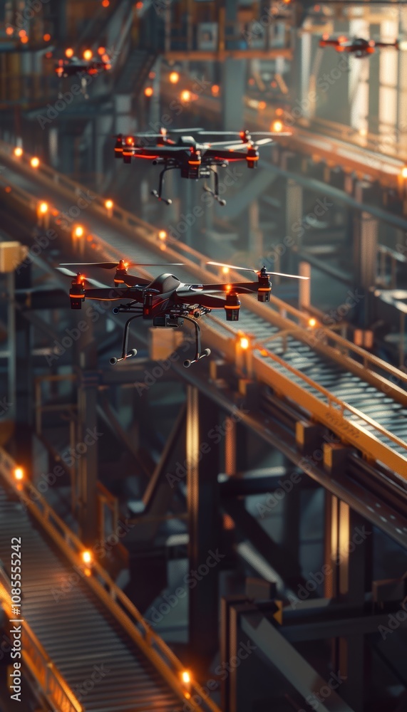 Naklejka premium Modern Warehouse Automation with Drones and Conveyor Systems for Efficient Goods Management
