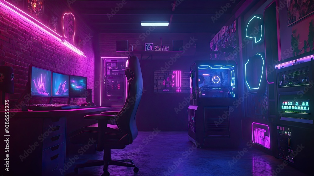 Gaming room with an empty chair, RGB lighting on monitors and keyboard casting cool tones in the dark. Gaming room with an empty chair, RGB lighting on monitors and keyboard casting cool tones in the dark.