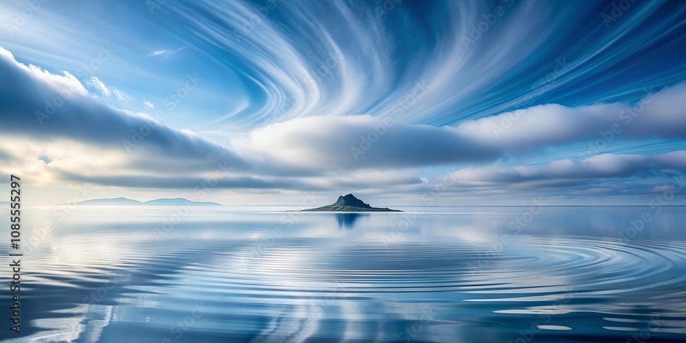 A solitary island with a dramatic sky, featuring long, flowing clouds and a tranquil, rippling sea. A solitary island with a dramatic sky, featuring long, flowing clouds and a tranquil, rippling sea.