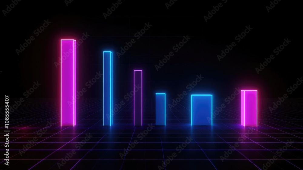 Neon Light Bars in a Dark Digital Environment Representing Modern Data Visualization and Trend Analysis with Colorful Glows Neon Light Bars in a Dark Digital Environment Representing Modern Data Visualization and Trend Analysis with Colorful Glows