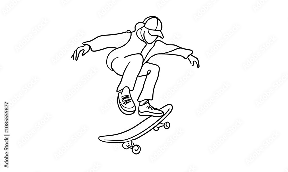 Fototapeta premium Young cool skateboarder skating in cap, continuous line art drawing isolated on white background. Extreme teenager sport. Vector illustration