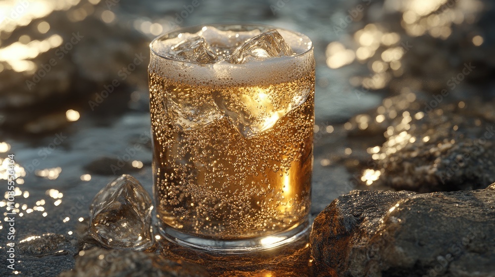 Refreshing Beverage on Rocky Shore with Bubbles and Ice Cubes, Capturing the Essence of Summer Relaxation and Natural Beauty by the Water's Edge Refreshing Beverage on Rocky Shore with Bubbles and Ice Cubes, Capturing the Essence of Summer Relaxation and Natural Beauty by the Water's Edge