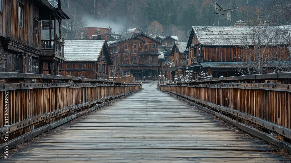 Obraz premium Old Wooden Bridge in Small Historical Town