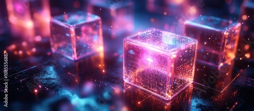 Glowing translucent cubes in a digital environment.