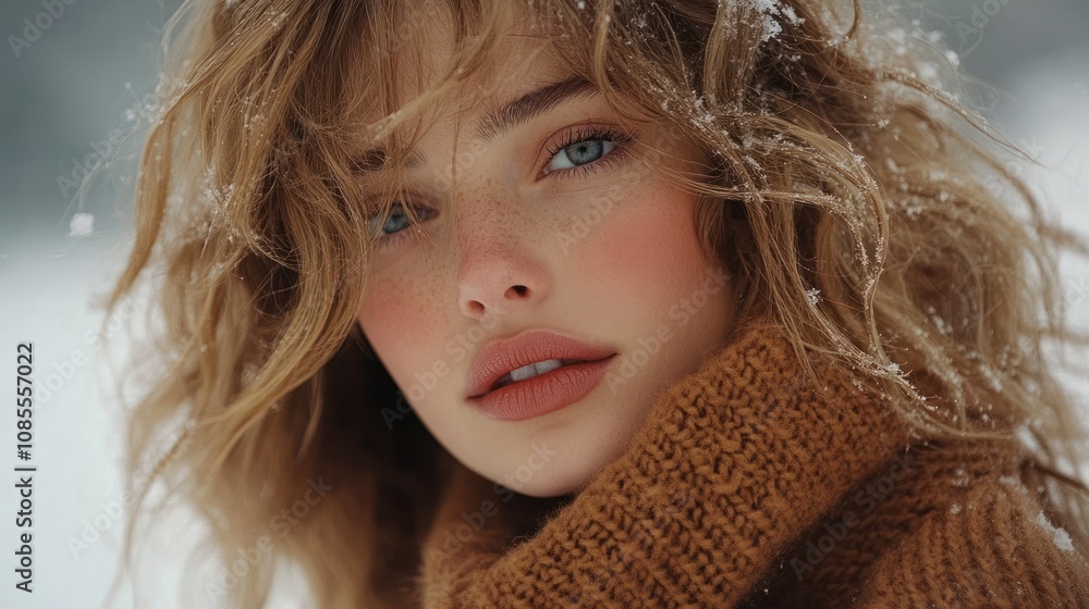 Close-up portrait of a woman in a snowy setting. Close-up portrait of a woman in a snowy setting.