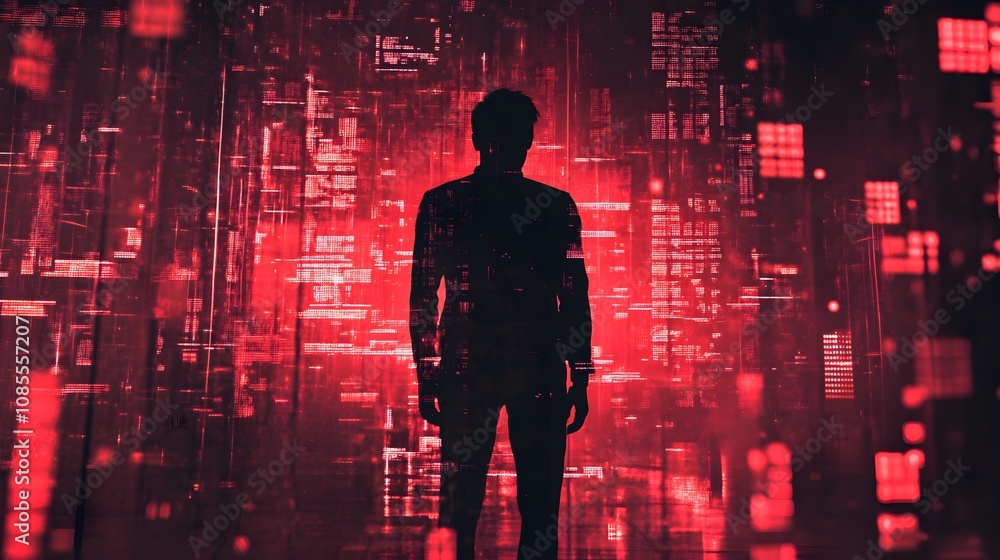 A silhouetted figure stands against a backdrop of vibrant red digital patterns, evoking themes of technology, mystery, and the digital world. A silhouetted figure stands against a backdrop of vibrant red digital patterns, evoking themes of technology, mystery, and the digital world.