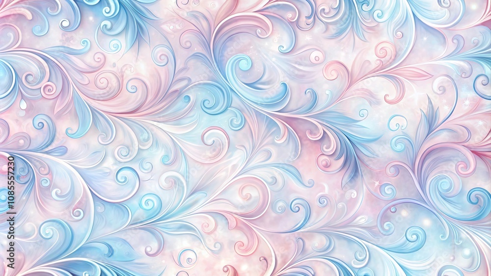 Delicate Whimsical Floral Pattern with Soft Blue and Pink Swirls on a Shimmering White Background Delicate Whimsical Floral Pattern with Soft Blue and Pink Swirls on a Shimmering White Background