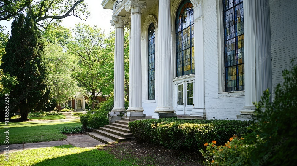 Obraz premium Stunning Old Greek Revival Church with Stained Glass