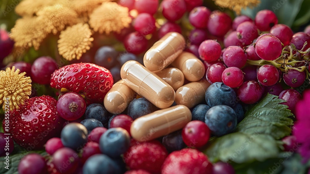 Capsules among fresh berries and flowers. Capsules among fresh berries and flowers.