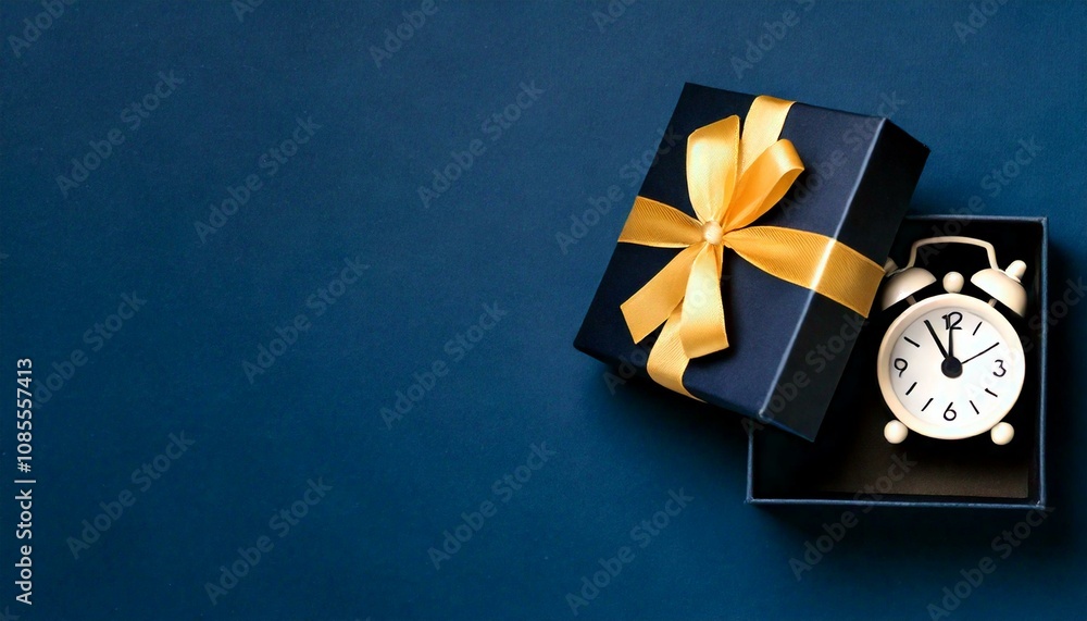 A top view of an open gift box on a blue background, with an alarm clock inside, symbolizing the concept of time and a limited-time offer A top view of an open gift box on a blue background, with an alarm clock inside, symbolizing the concept of time and a limited-time offer