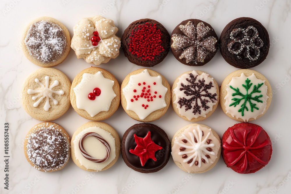 An overhead view of a festive assortment of Christmas cookies, featuring delicious traditional holiday treats, perfect for celebrating the season. An overhead view of a festive assortment of Christmas cookies, featuring delicious traditional holiday treats, perfect for celebrating the season.
