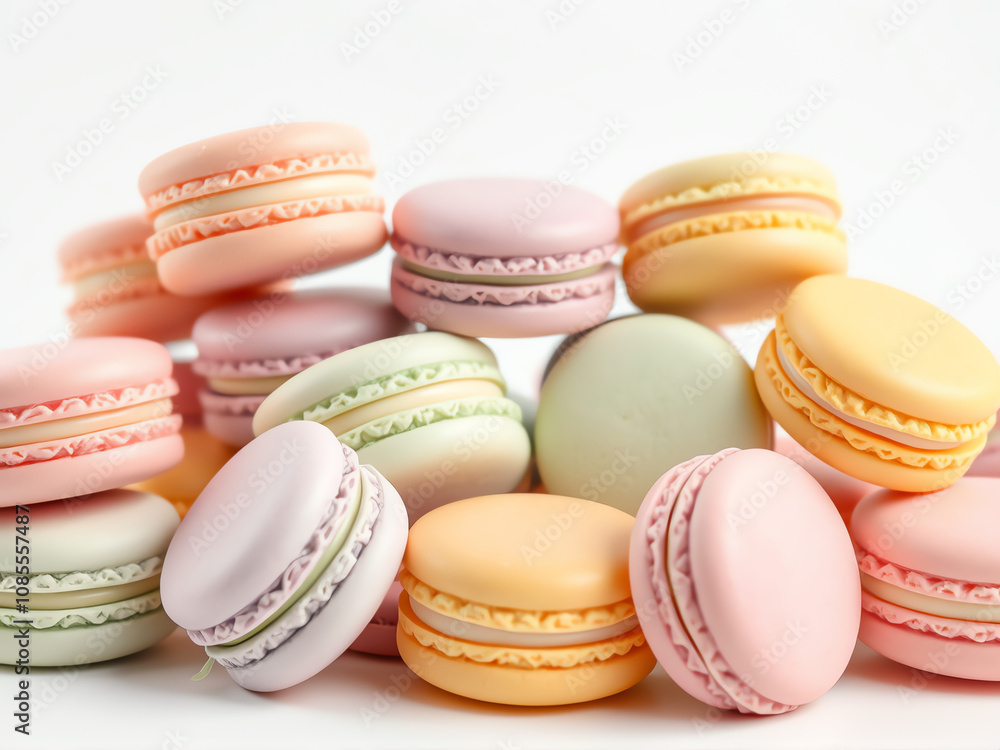 Colorful macarons arranged beautifully on a white surface, showcasing a variety of pastel shades and delicate designs for a delightful treat Colorful macarons arranged beautifully on a white surface, showcasing a variety of pastel shades and delicate designs for a delightful treat