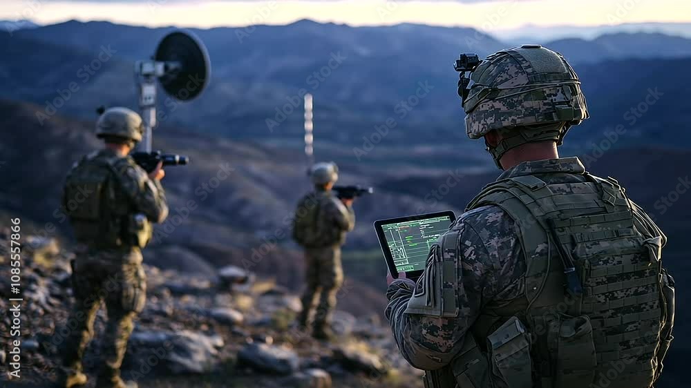 At a border outpost perched in a rocky landscape, soldiers monitor live surveillance on a tablet, while the Starlink antenna transmits vital satellite data from high above. At a border outpost perched in a rocky landscape, soldiers monitor live surveillance on a tablet, while the Starlink antenna transmits vital satellite data from high above.
