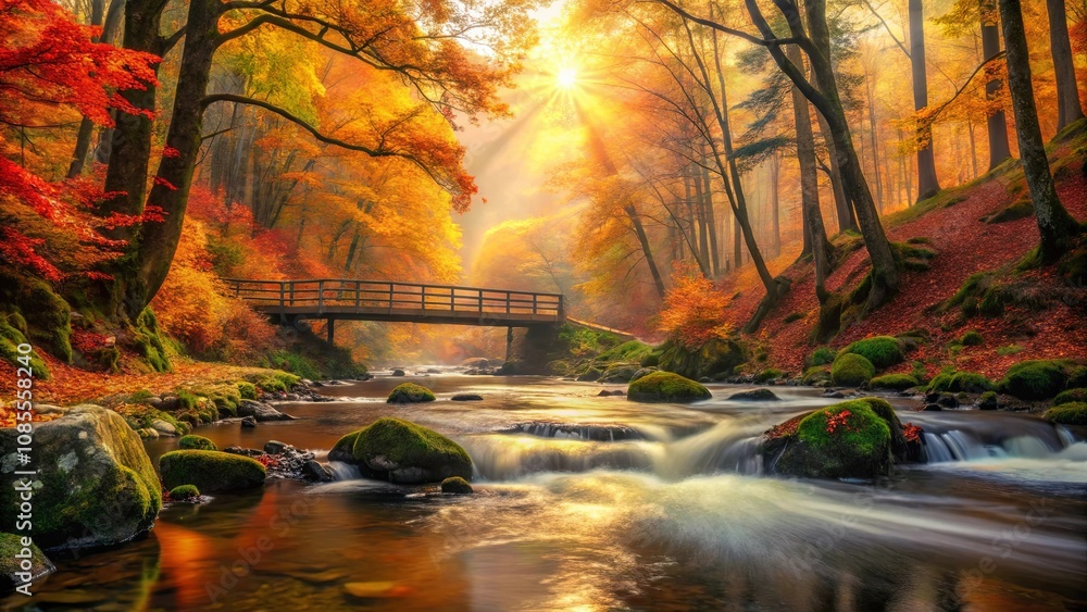 Naklejka premium Golden Sunlight Illuminates a Serene Forest Stream with a Wooden Bridge, Surrounded by Lush Greenery and Vibrant Autumn Foliage