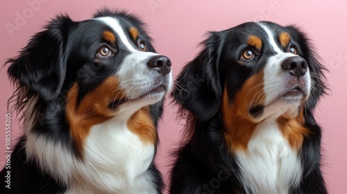 Two Bernese Mountain Dogs posing against a pink background.