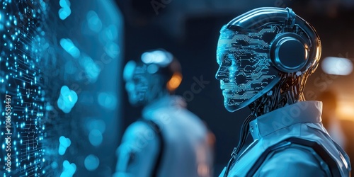 Medical AI treatment biometrics concept. Futuristic robots interact with a digital interface, showcasing advanced technology and artificial intelligence in a sleek, sci-fi environment.