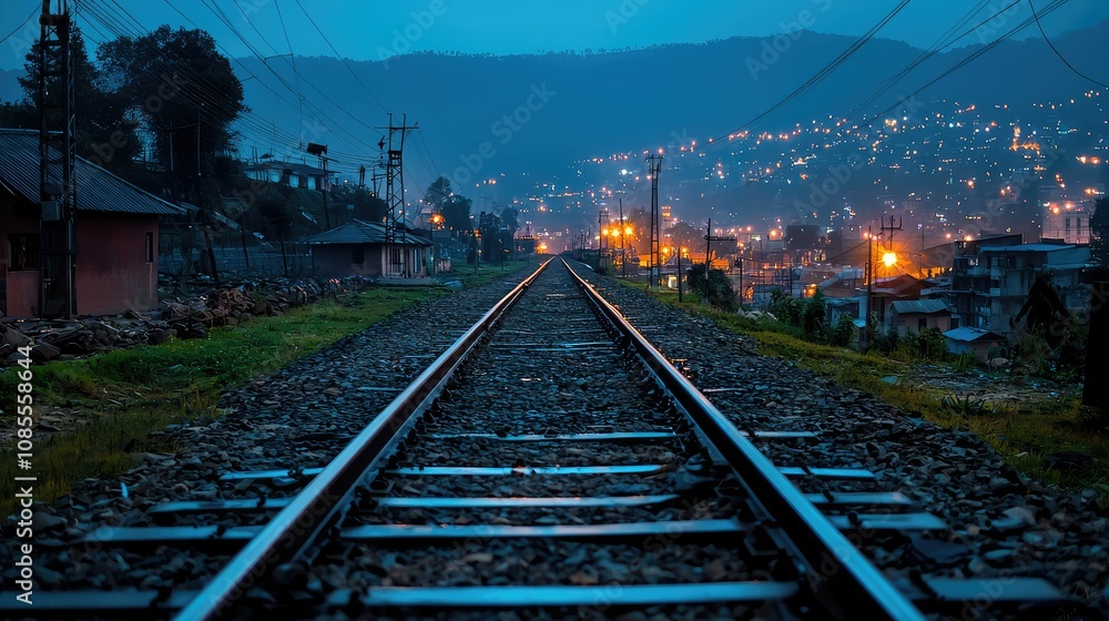 Evening Reflection on Railway Tracks in City Lights Evening Reflection on Railway Tracks in City Lights
