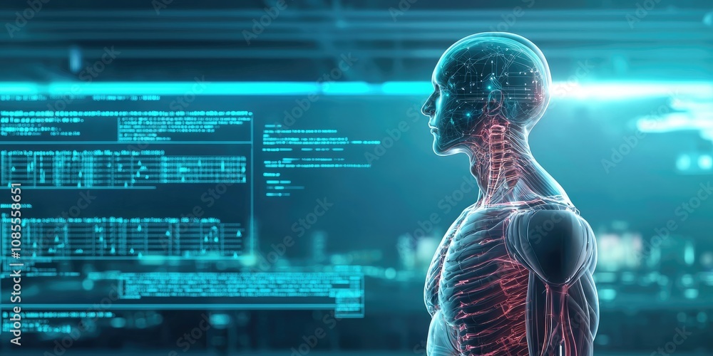 Medical AI treatment biometrics concept. A futuristic depiction of a human figure integrated with digital data, showcasing the intersection of technology and biology. Medical AI treatment biometrics concept. A futuristic depiction of a human figure integrated with digital data, showcasing the intersection of technology and biology.
