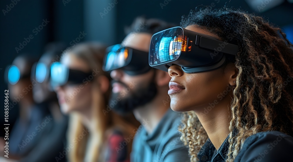 A group of diverse individuals wearing VR headsets, focused on an immersive virtual reality experience in a modern setting. A group of diverse individuals wearing VR headsets, focused on an immersive virtual reality experience in a modern setting.