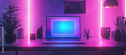 Modern workspace with neon lighting and plants.