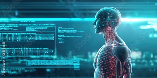 Medical AI treatment biometrics concept. A futuristic depiction of a human figure integrated with digital data, showcasing the intersection of technology and biology.