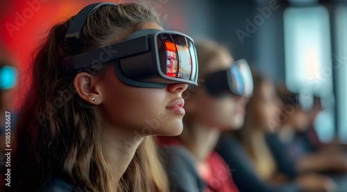 A group of individuals wearing VR headsets, engaged in an immersive virtual experience in a modern tech environment.