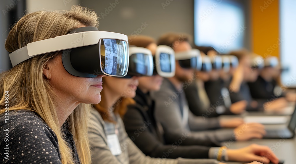 A group of individuals wearing VR headsets engaged in a tech-focused activity, highlighting immersive technology and collaboration in a modern workspace. A group of individuals wearing VR headsets engaged in a tech-focused activity, highlighting immersive technology and collaboration in a modern workspace.