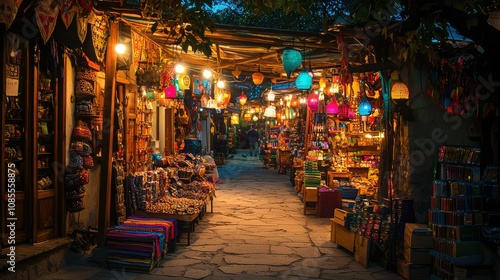 Colorful Evening Market with Warm Lights and Stalls